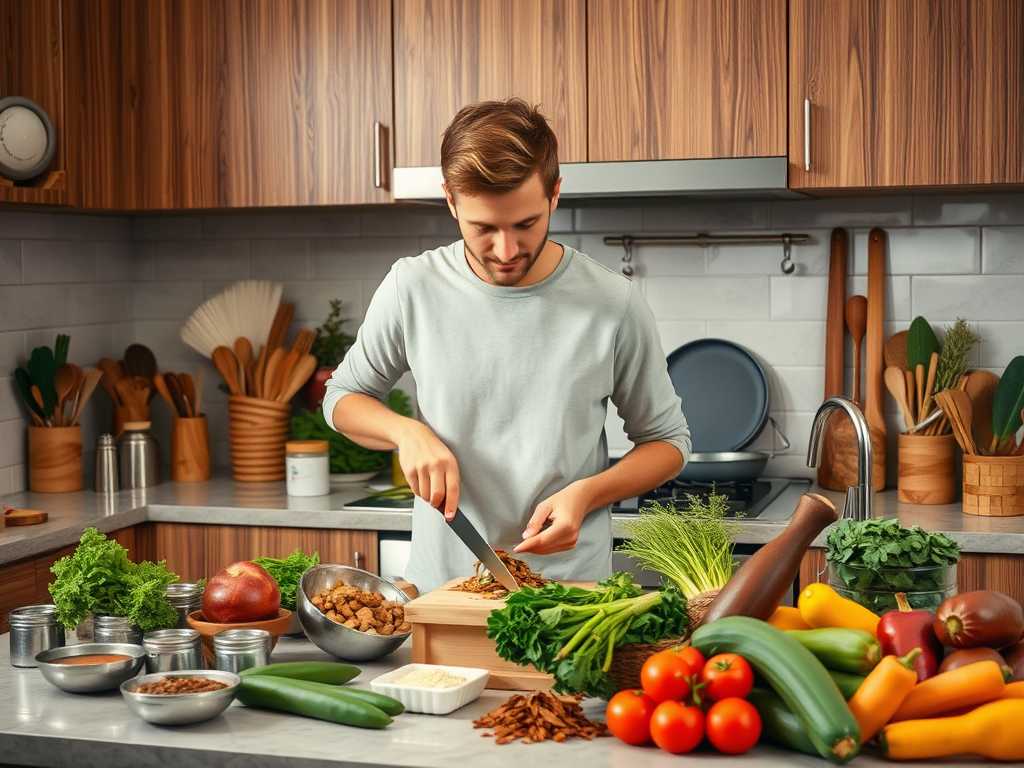 Молодой человек готовит на кухне, нарезая овощи и фрукты. Вокруг много свежих ингредиентов.